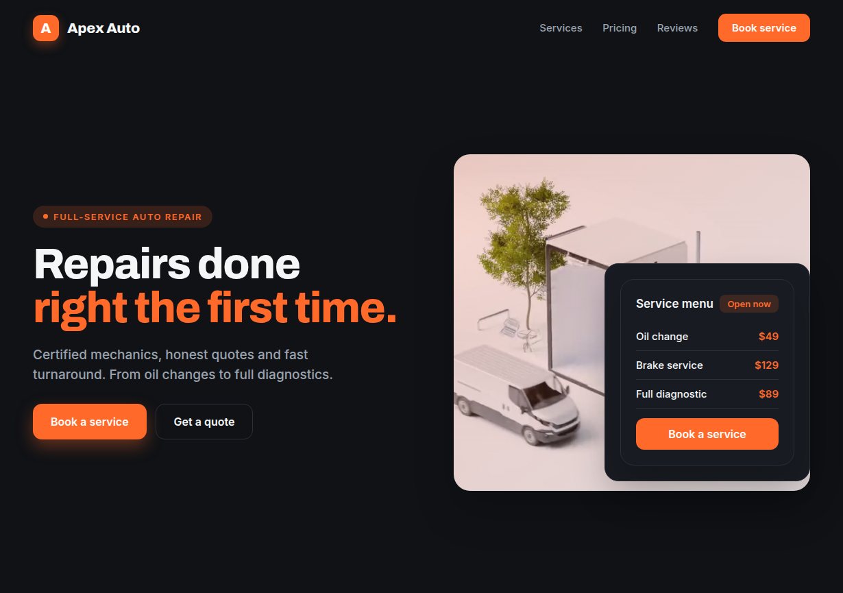 Auto repair shop website sample design